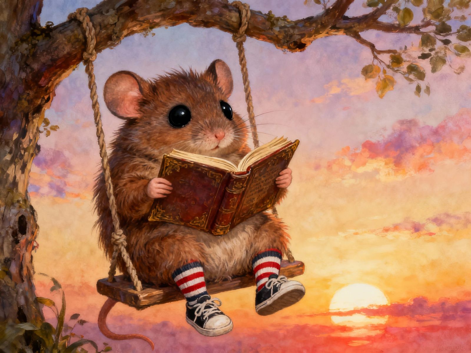 Cute Baby Mouse Reading on Swing at Sunset