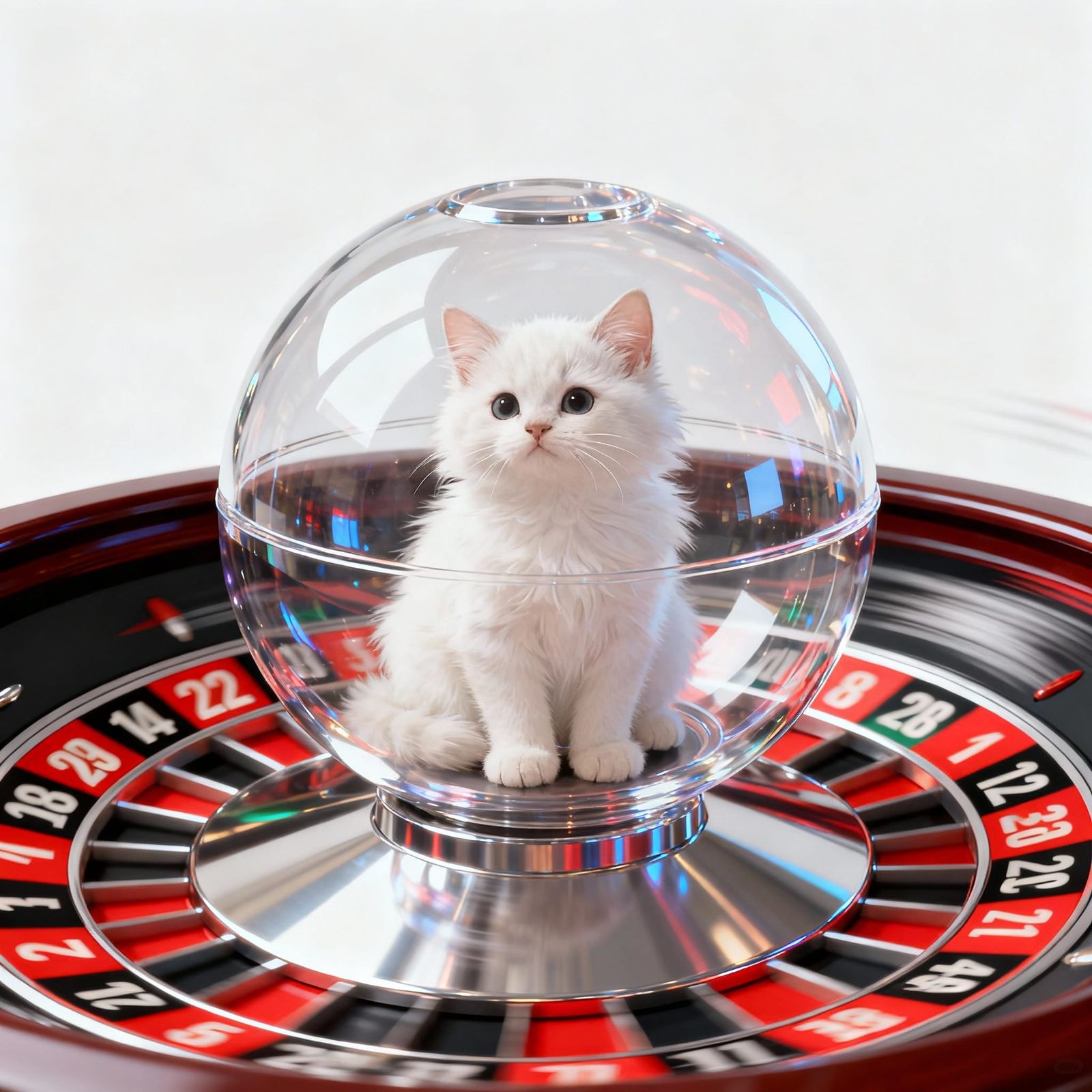 Tiny White Cat Spins in Roulette Ball on Wheel