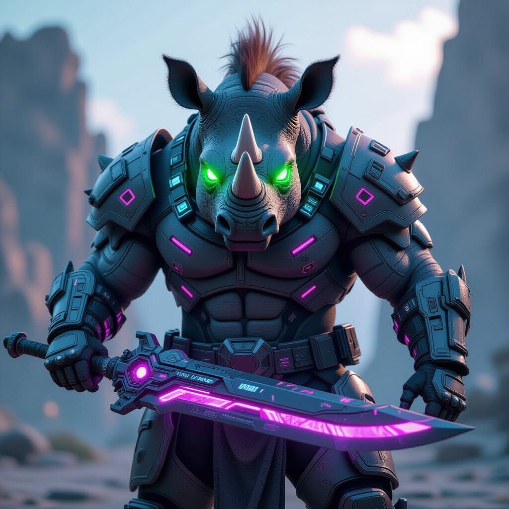 Anthropomorphic Rhino Warrior with Glowing Eyes in Sci-Fi Ar...