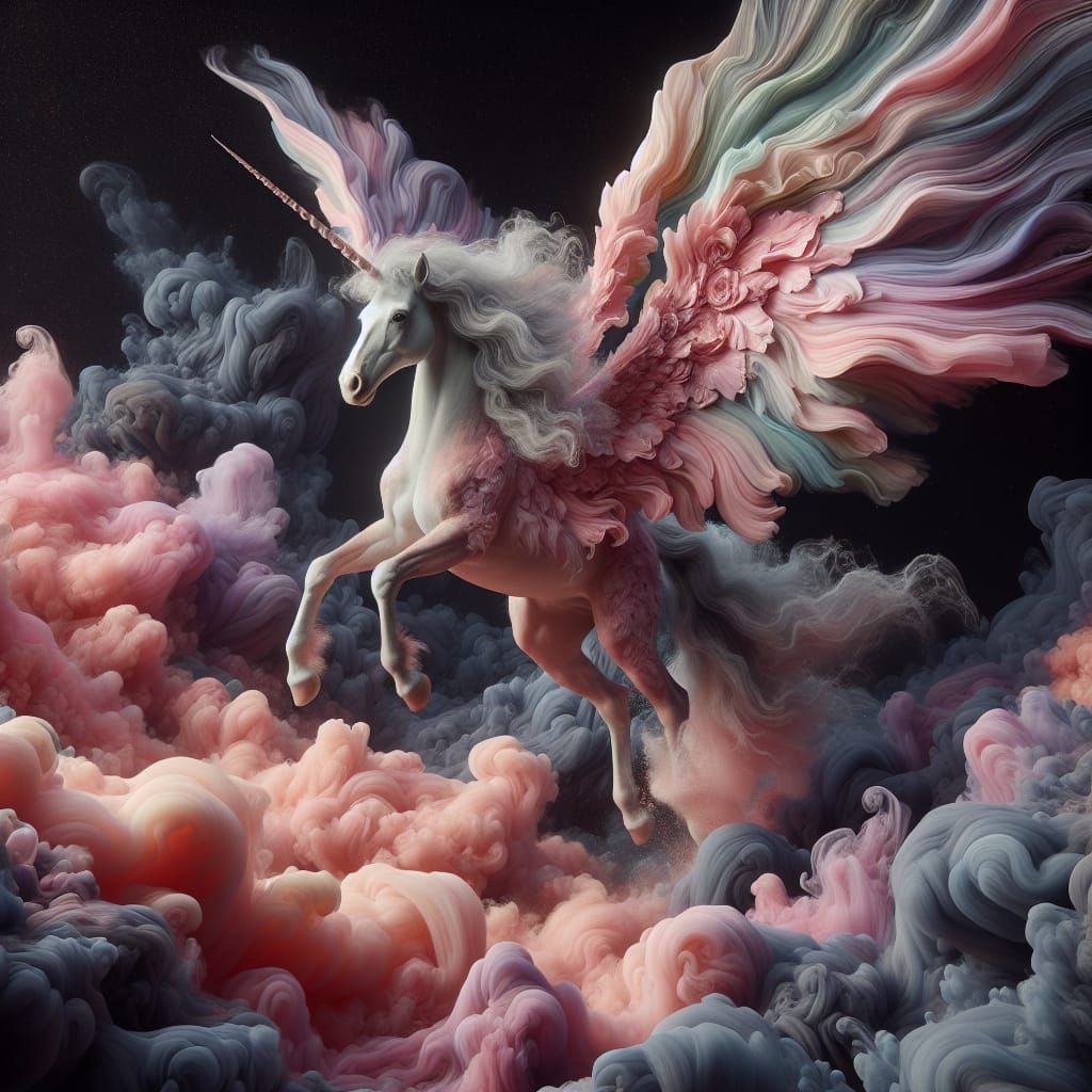 Dreamlike Unicorn Amidst Swirling Smoke Clouds