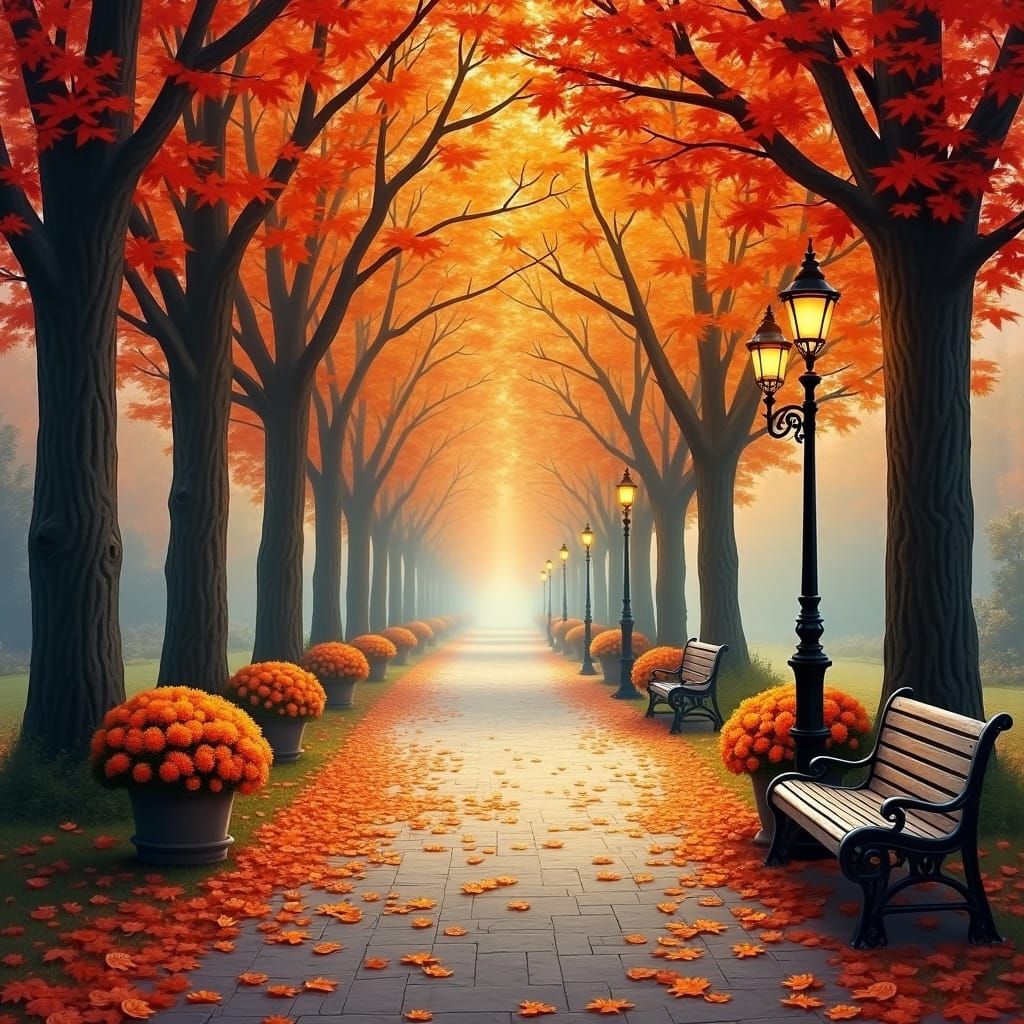 Autumn Pathway with Vibrant Foliage and Golden Light