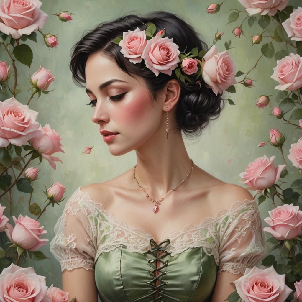 A captivating portrait of a woman with short, dark hair adorned with delicate pink roses. Her serene expression conveys ...