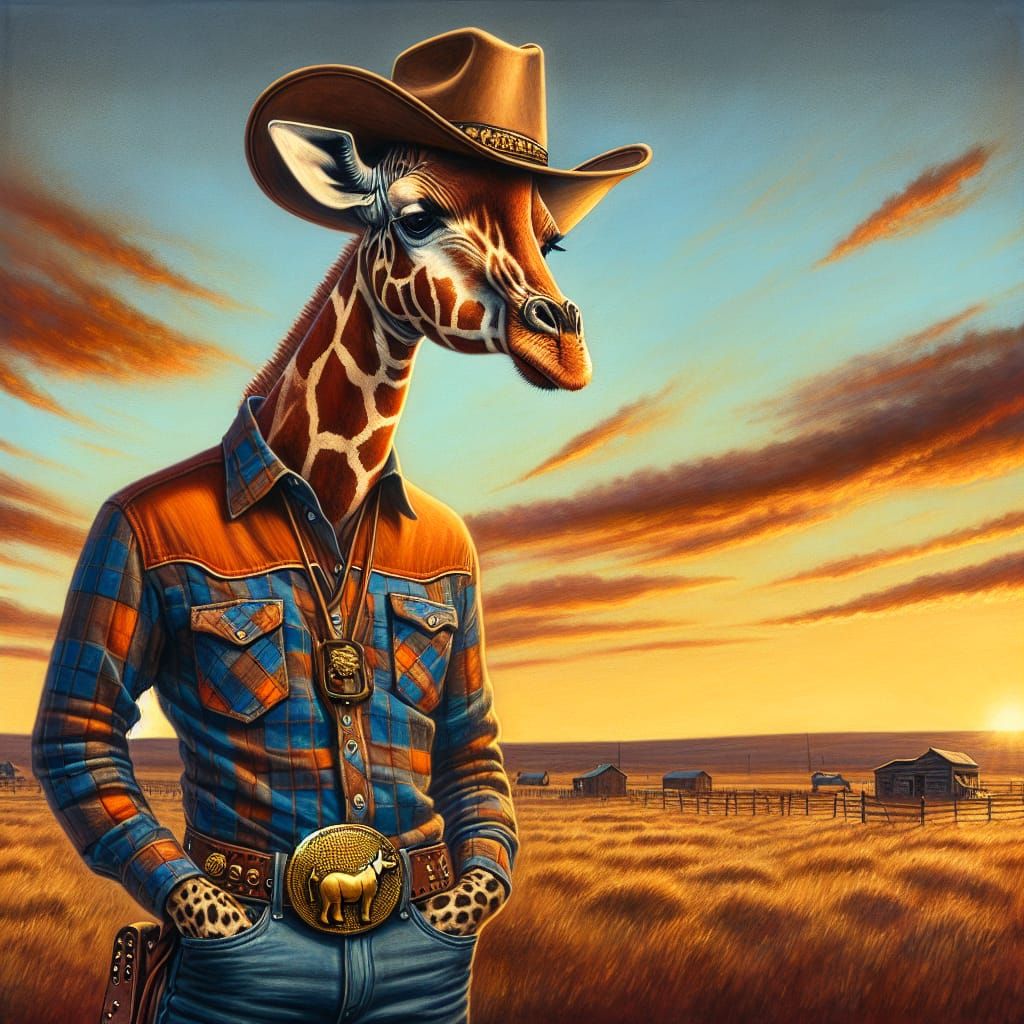 Cowboy Giraffe in Hyperrealistic Western Sunset