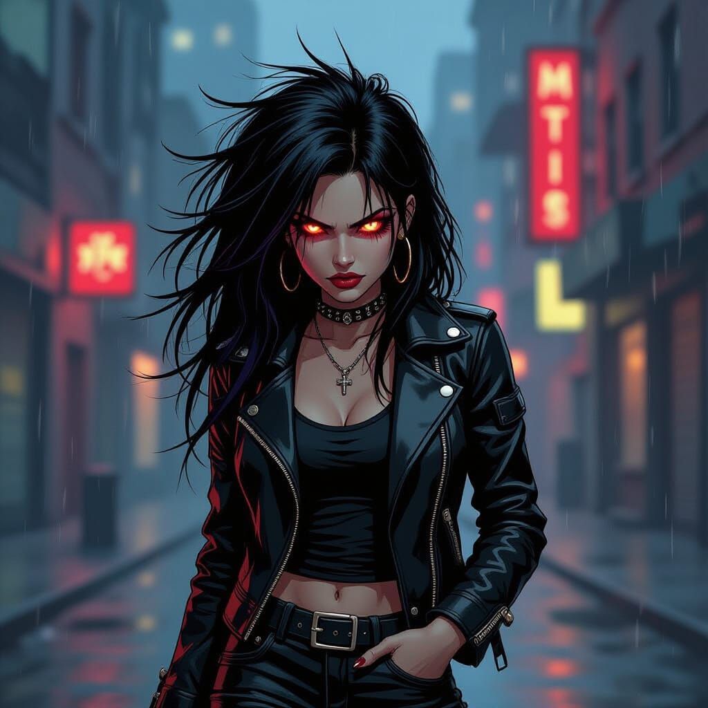 Gothic Punk Girl Poses on Grimy City Street in Comic Art Sty...