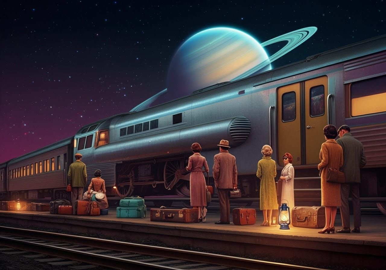 People from Diverse Backgrounds Wait at a Retro-Futuristic T...