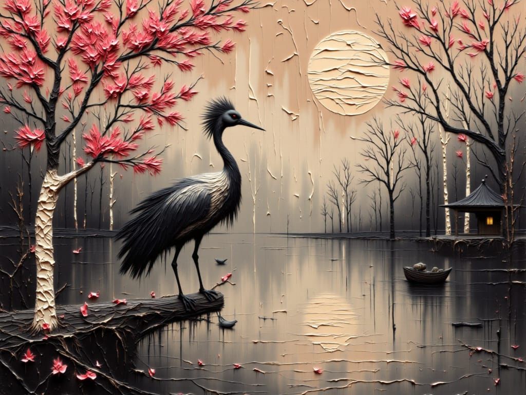Impasto Painting of Crane on Cherry Blossom Tree