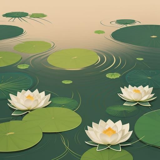 Japanese Zen Wave with Green Vines and Lotus Flowers in Soft...