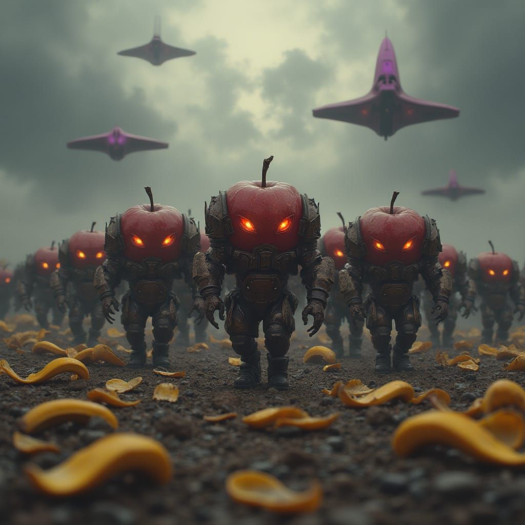 Sentient Apples March Across a War-Torn Battlefield in Cyber...