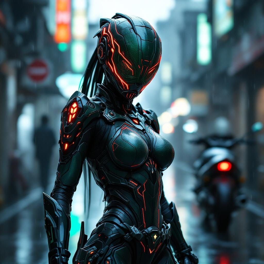 Futuristic Female Kamen Rider in Cyberpunk Tokyo
