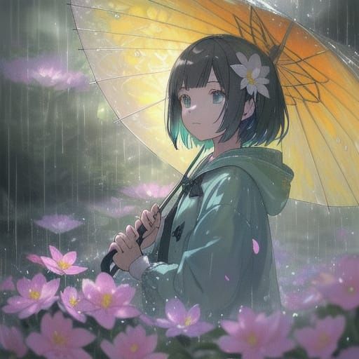 Mouse with Flower Umbrella in Rainy Fantasy Art