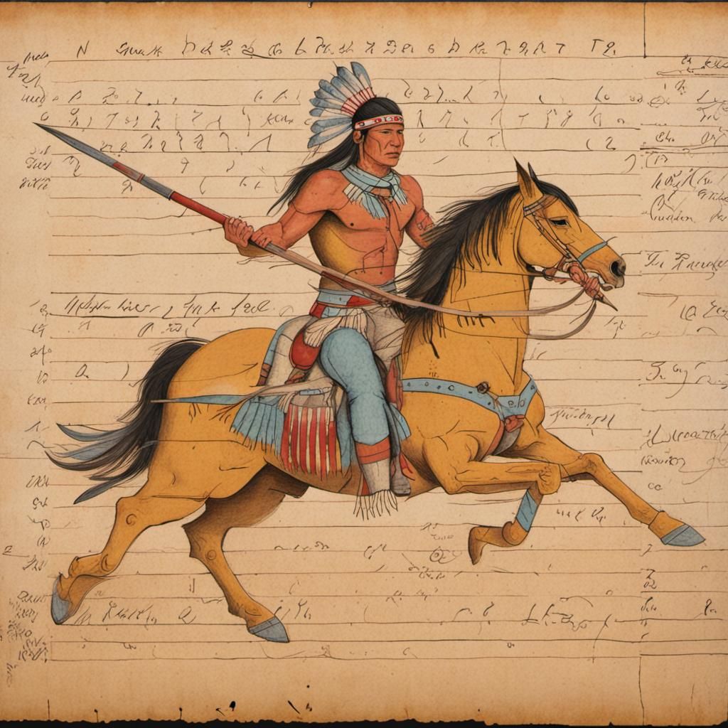Native American Warrior Rides into Battle: Ledger Art