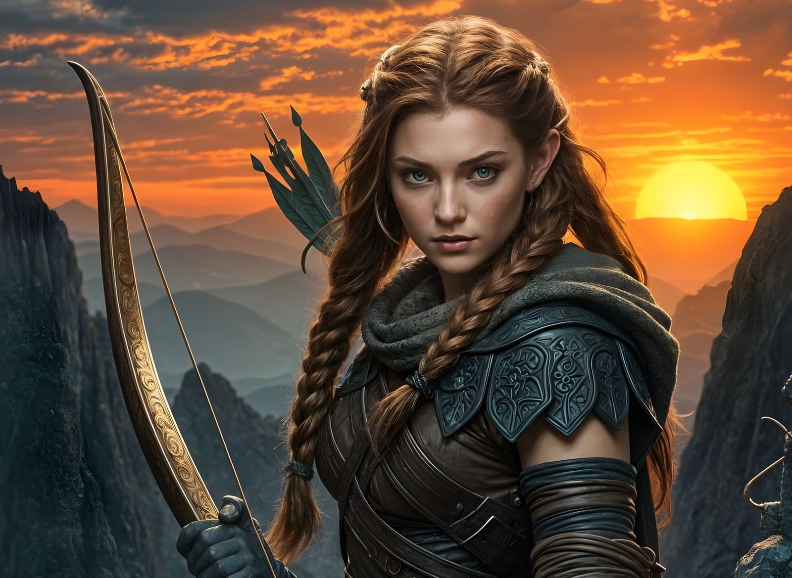 Elven Huntress on Mountain Peak as Digital Painting