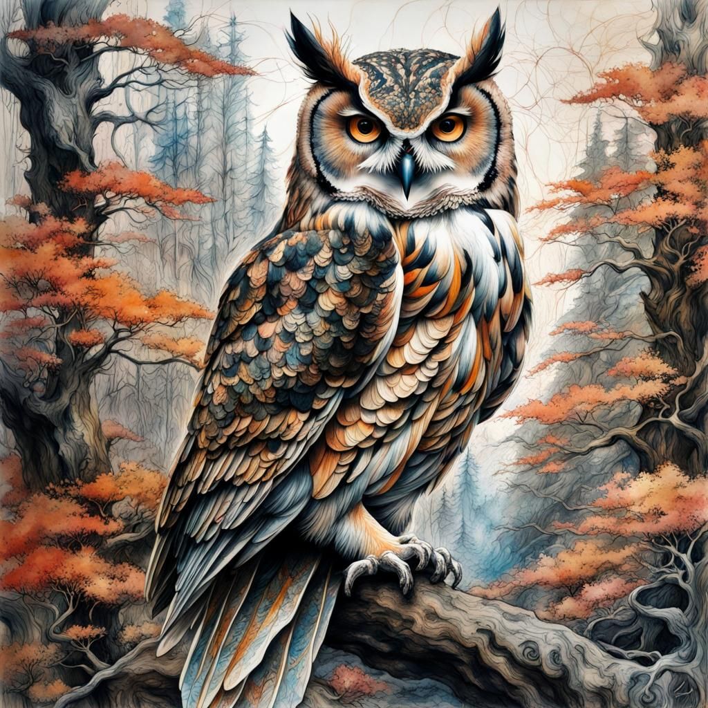 Intricate Ink Owl in Encaustic Forest Landscape