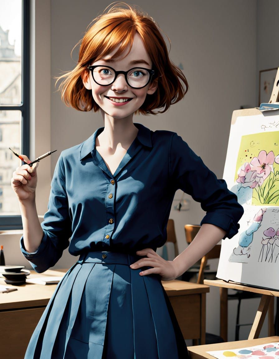 je souhaite une image en couleur d'une femme rousse avec une frange courte, coiffée avec un chignon. Elle porte des gros...