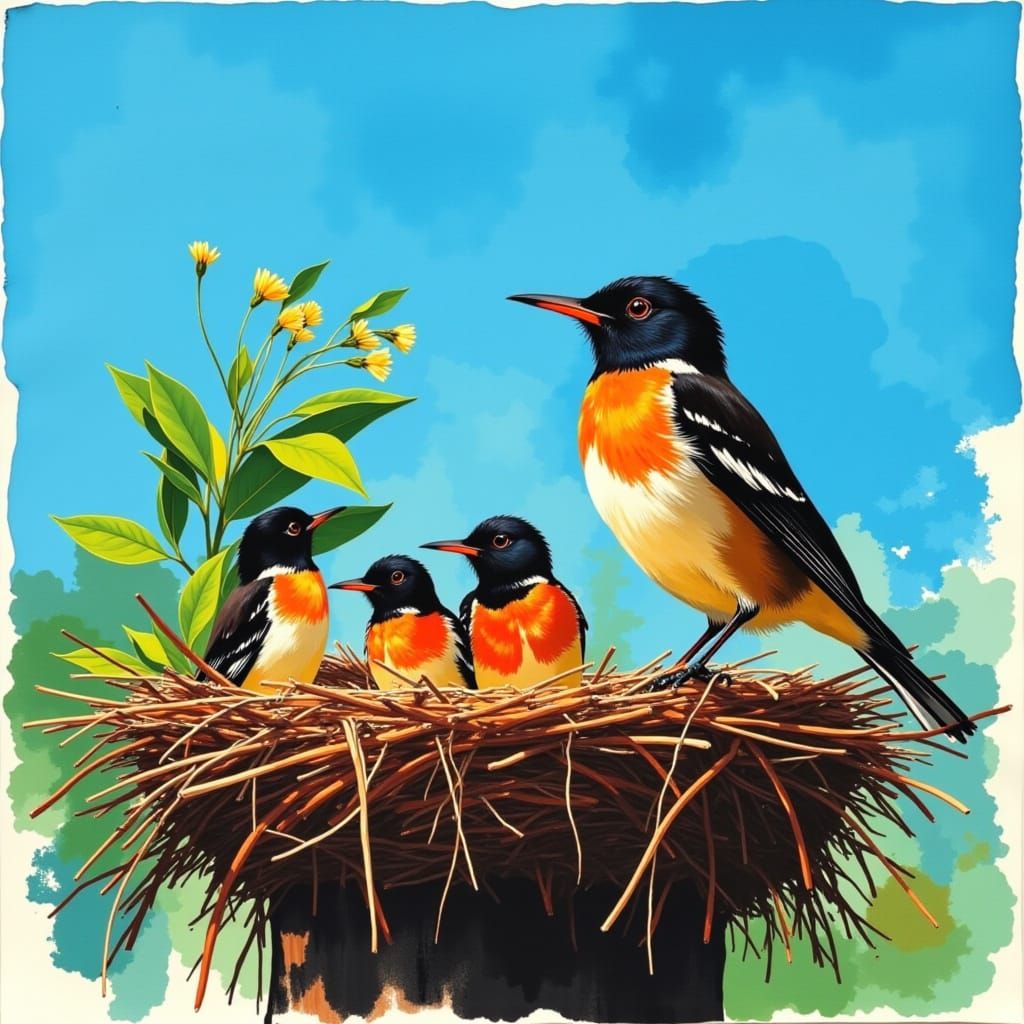 Proud Robin Bird Portrait in New Nest