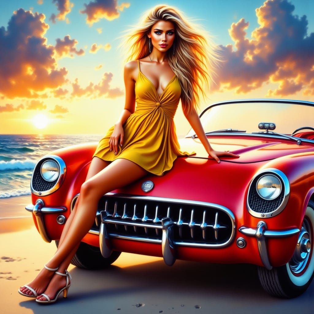 Classic Car and Blonde Woman at Sunset