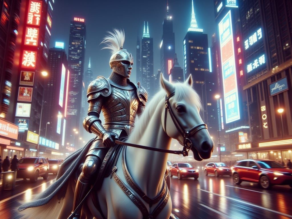 Knight Rides Through Futuristic Cityscape