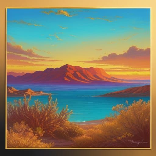 Golden Landscape: A Vibrant Oil Painting at Sunset