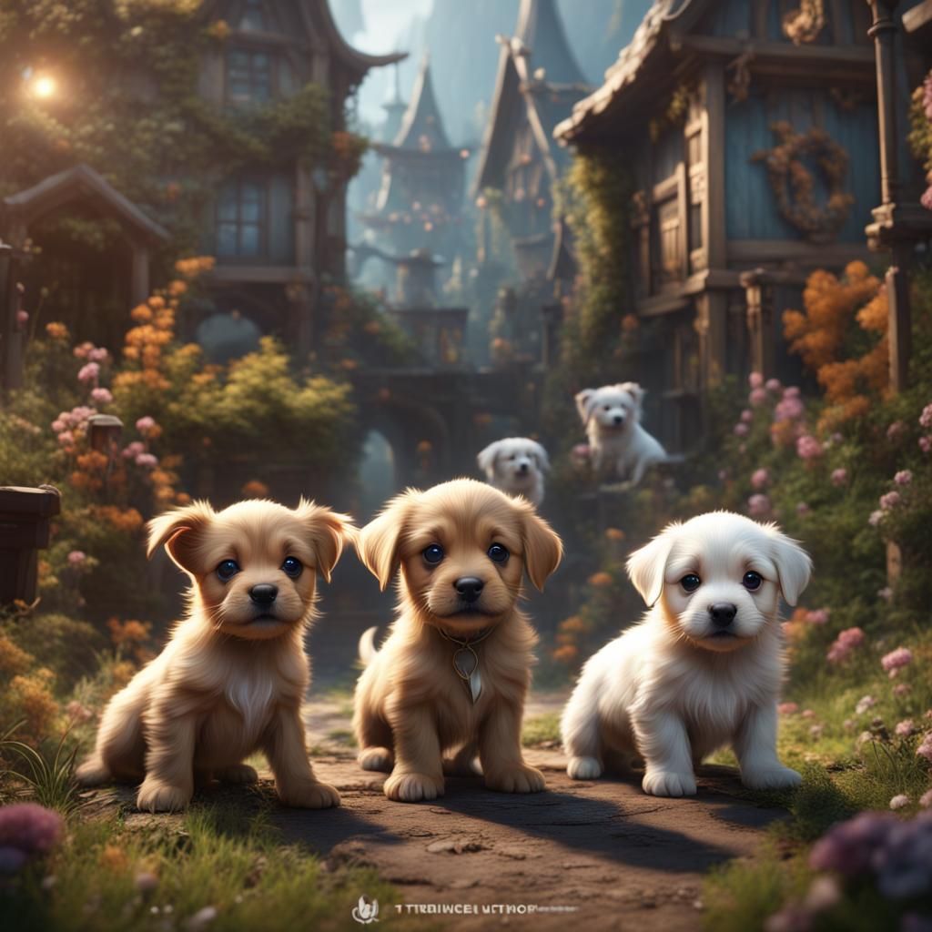 Cute Puppies in Detailed Fantasy Concept Art