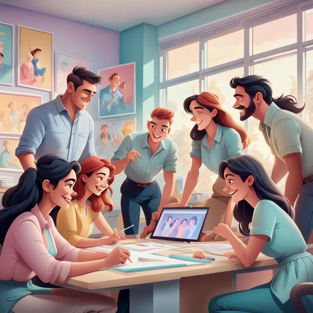 Modern Office Community in Pastel Disney Animation