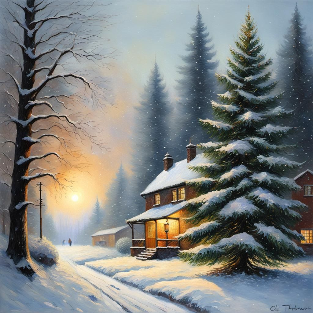 Christmas Norway Spruce in Snow: Oil Painting