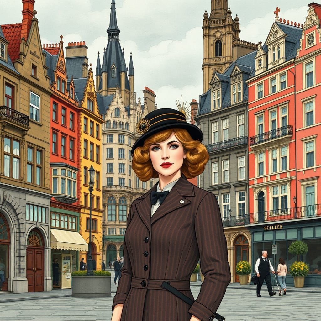 Woman in 1920s Edinburgh, Illustrated Art Deco Style