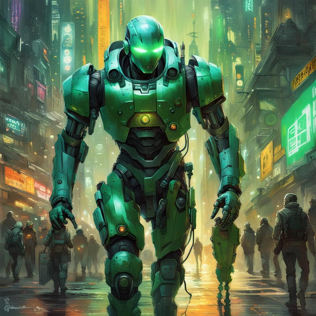 Green-Haired Man in Robot Suit: Cyberpunk Anime Art