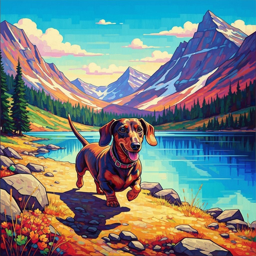 Happy Dachshund by Lake in Mountain Landscape, Abstract Art ...