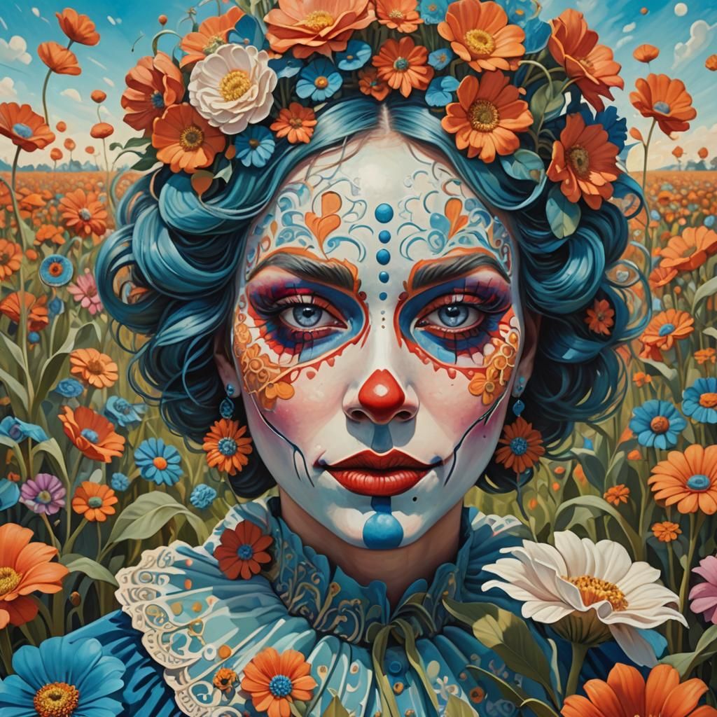 Pop Surrealist Clown in Flower Field