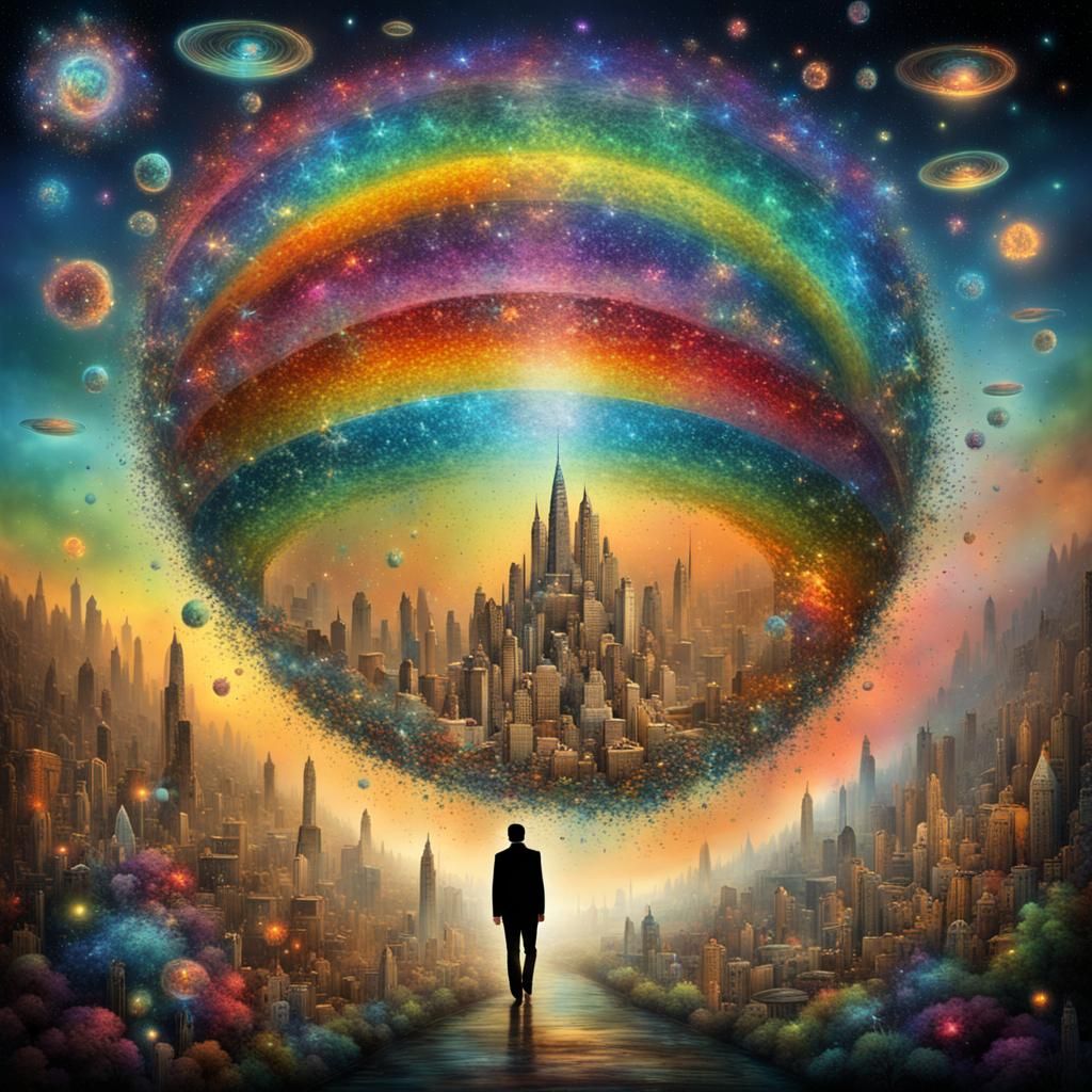 Surreal Rainbow Portal with Cities and Stars