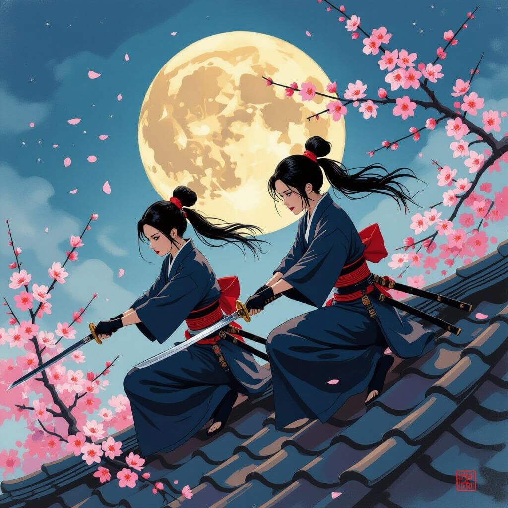 Ninja Women Crawling on Rooftop in Oil Painting Style