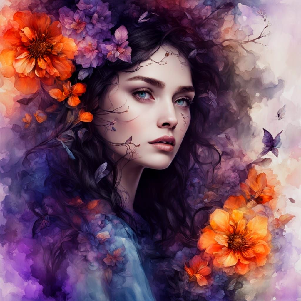 Gothic Watercolor Witch in Vibrant Purple and Orange Florals