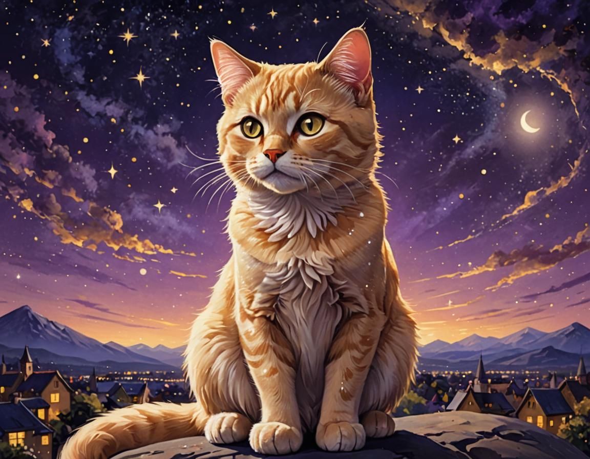 Blonde Cat Under Purple Sky: Dreamlike Digital Art