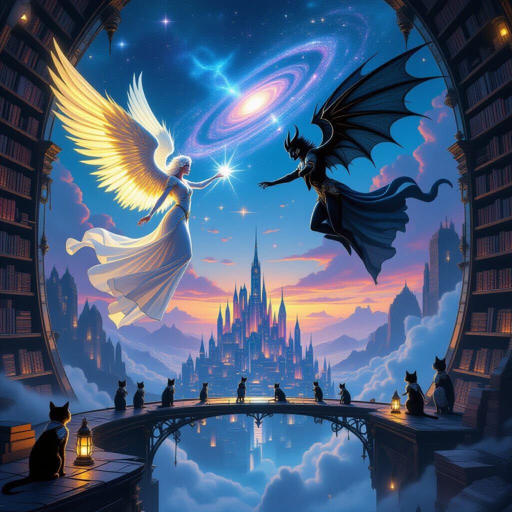 Angel and Demon Duel Over Cyberpunk City