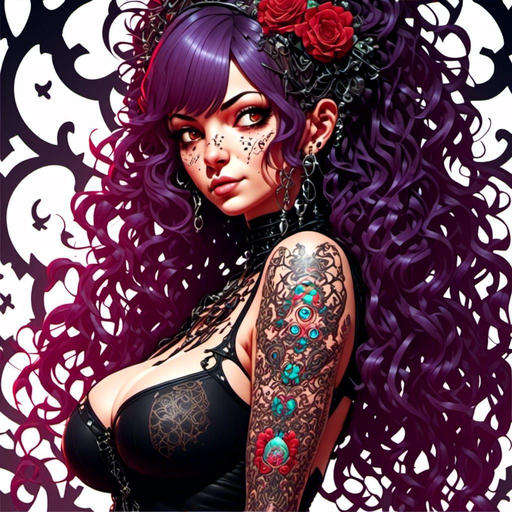 Woman with Intricate Tattoo in Rococo-Horrorcore Style