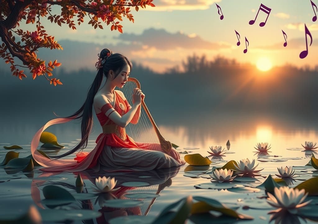 Woman Plays Harp in Lily Pad Lake