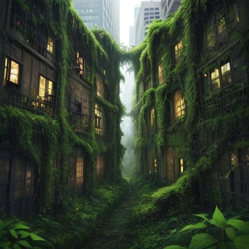 City Overgrown with Vines and Moss