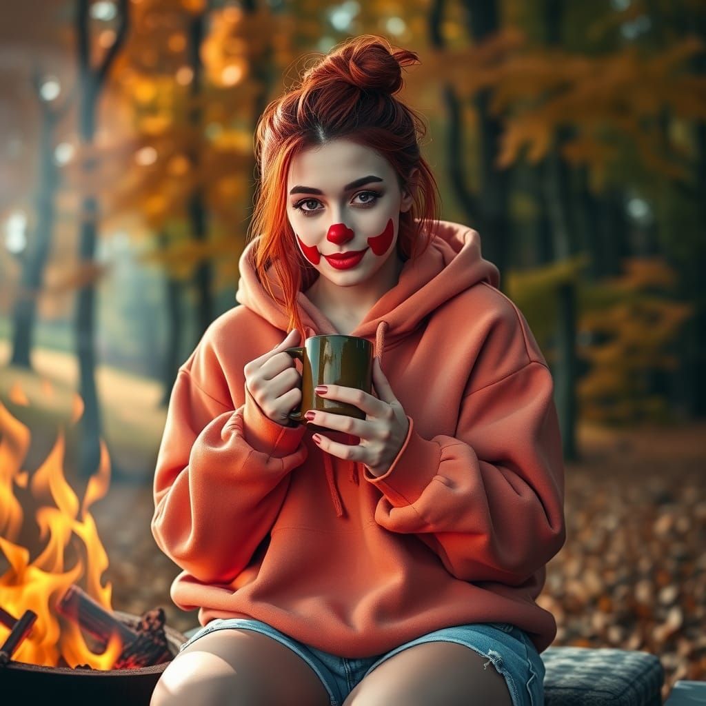 Autumn Clown Girl with Pumpkin Spice Coffee