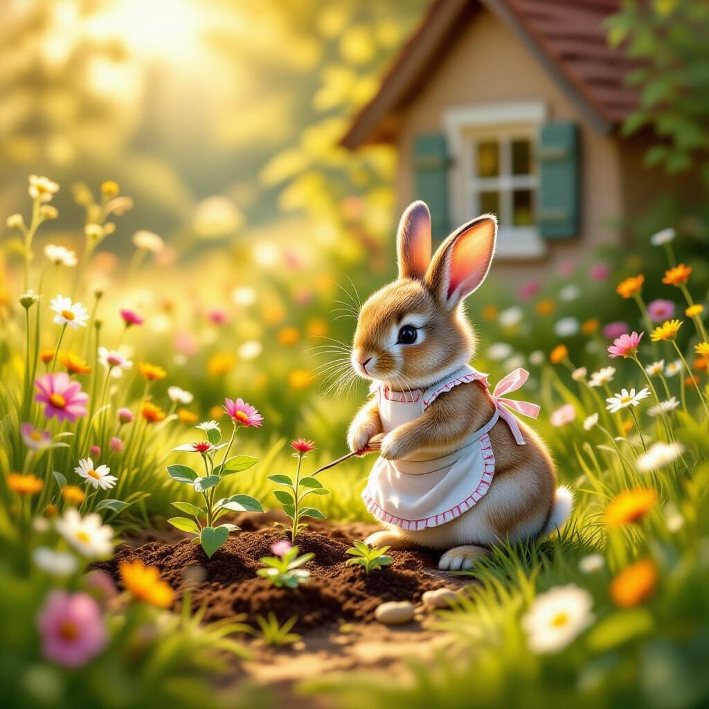 Cozy Cottage & Rabbit in Wildflower Meadow