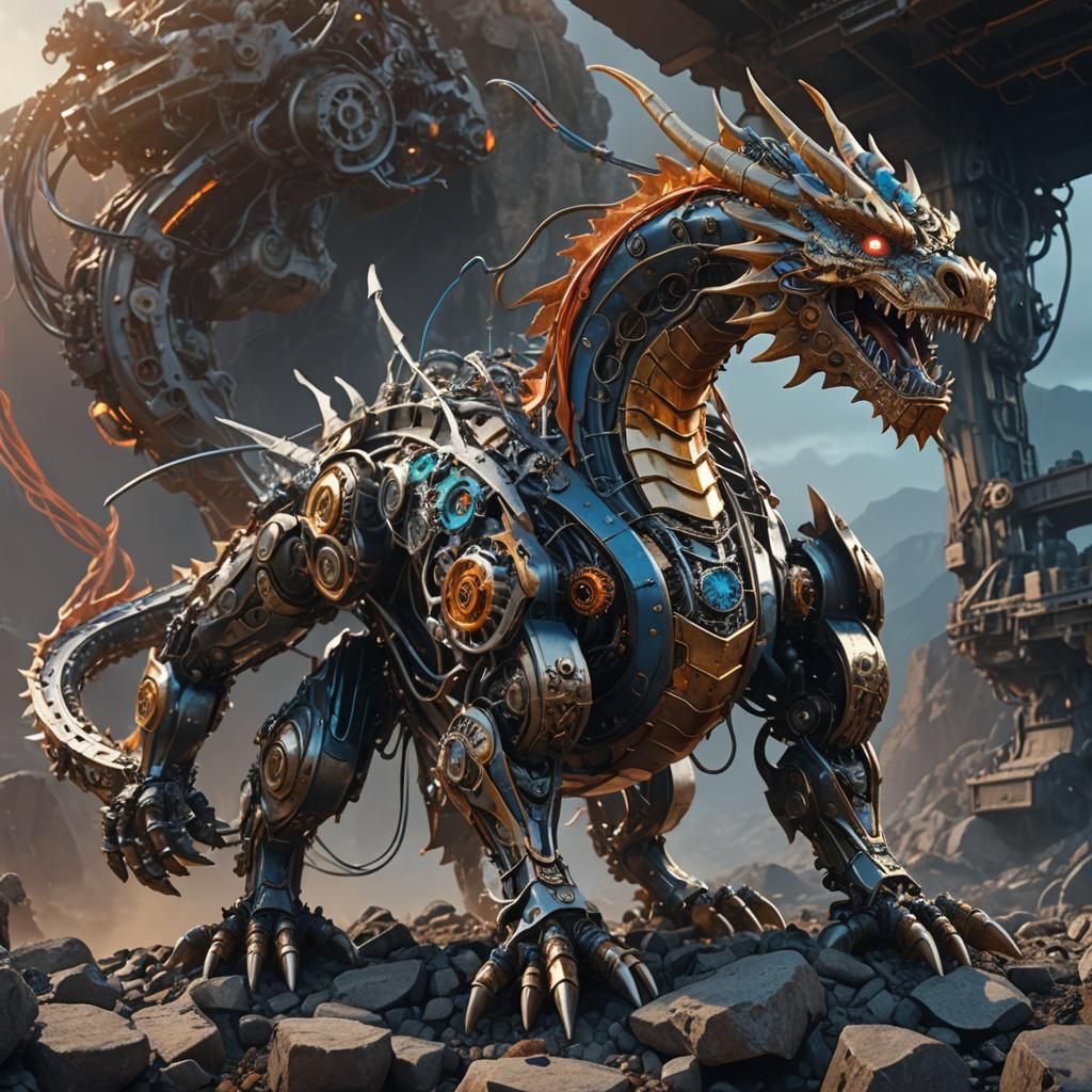 Mechanical Dragon on Rocky Terrain in Sci-Fi Style