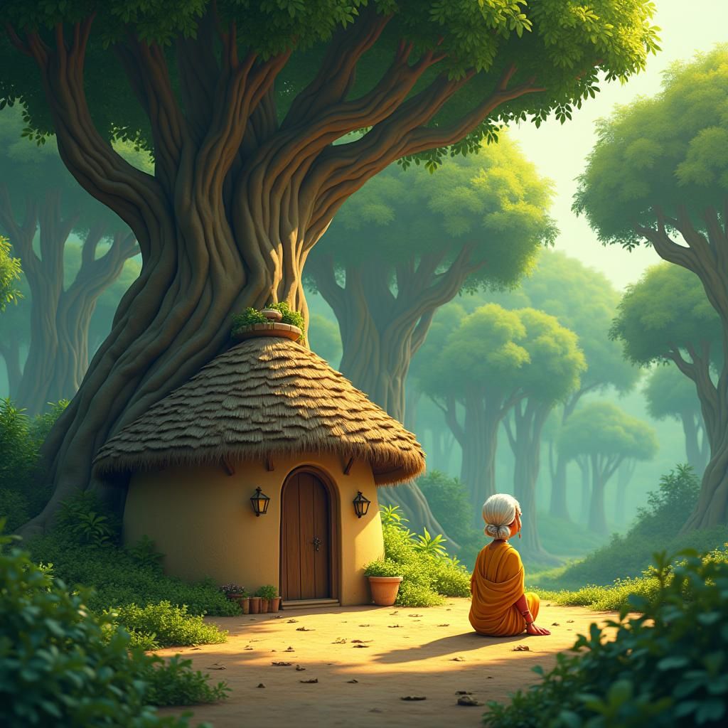Shabari's Forest Dwelling in 3D Cartoon Style