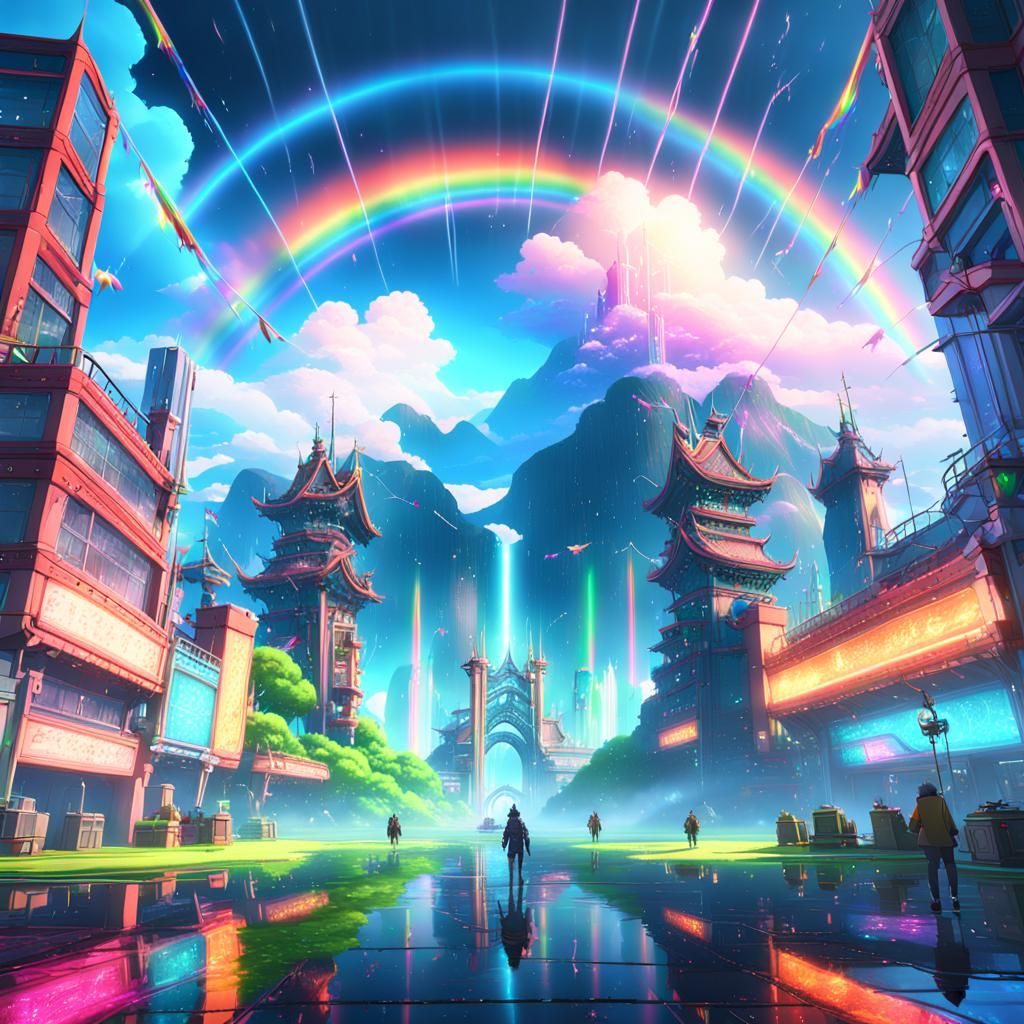 Neon Anime Double Rainbow: Detailed Matte Painting