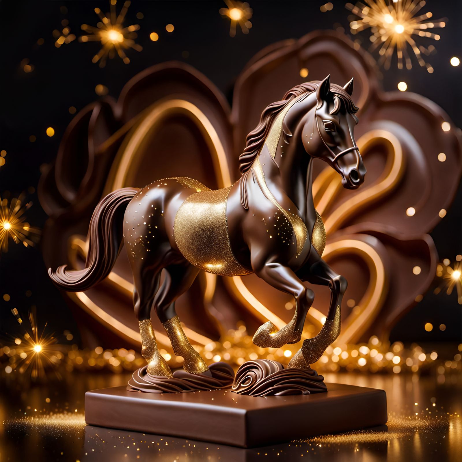 Hyperrealistic Chocolate Horse Sculpture with Golden Outline...