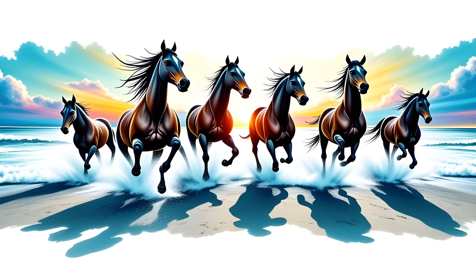 Wild Horses Gallop on Beach in Cosmic Alcohol Ink Style