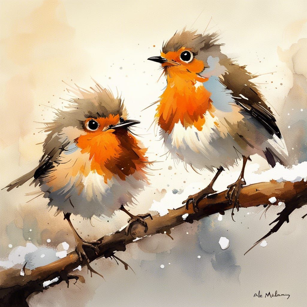 Baby Robins in Winter Watercolour Painting