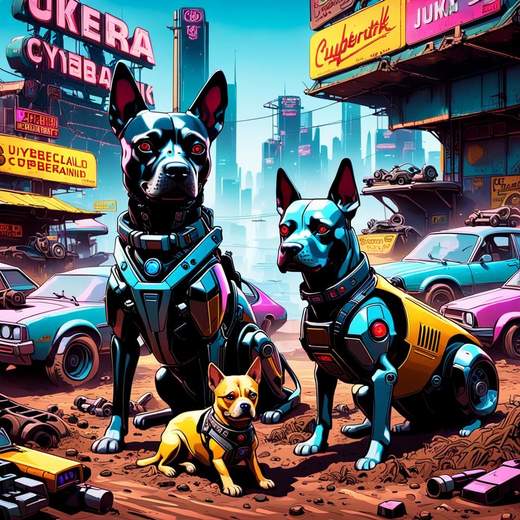 Cyberpunk Metal Dogs Guarding a Junkyard in 2089