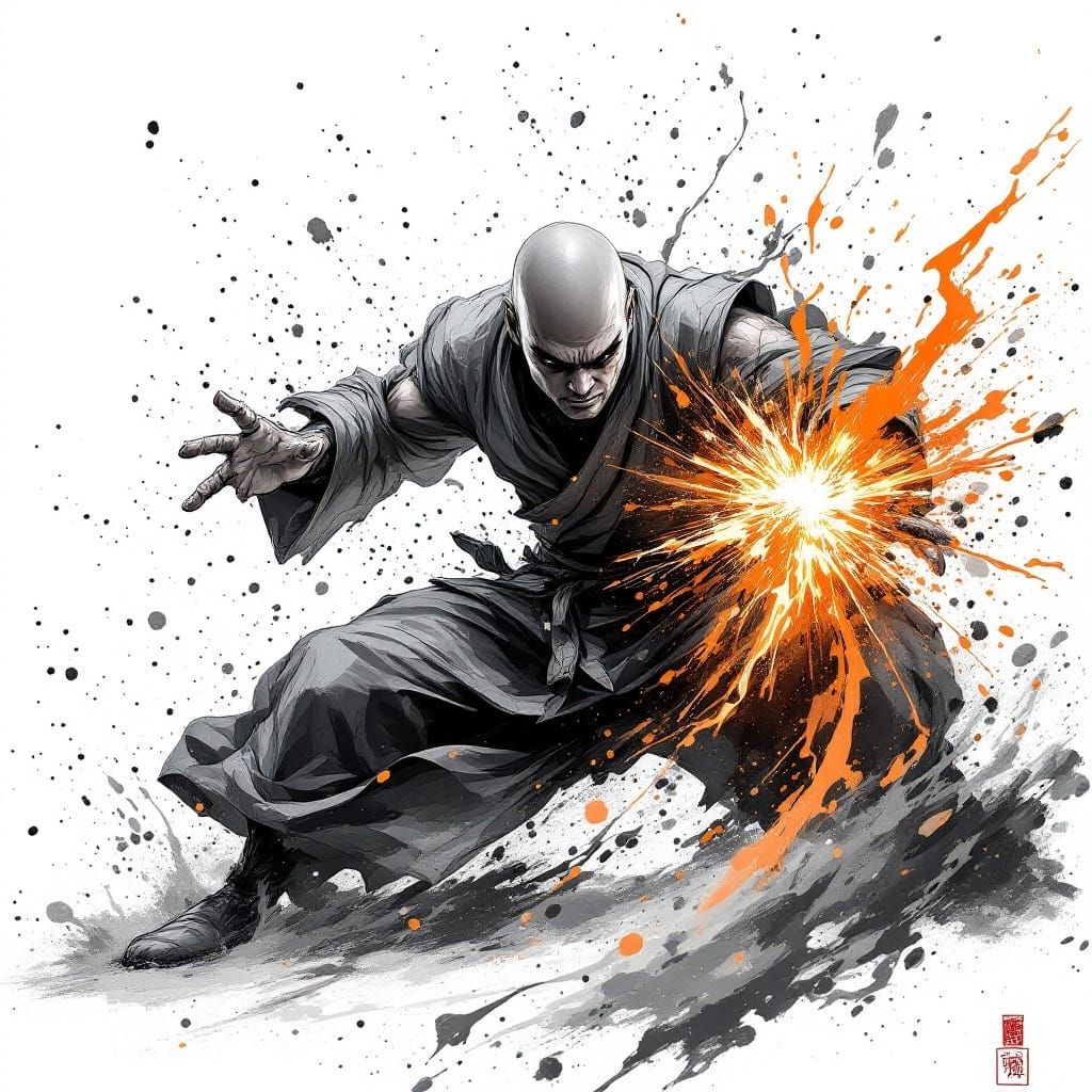 Martial Artist Unleashes Fury in Dynamic Brushstroke