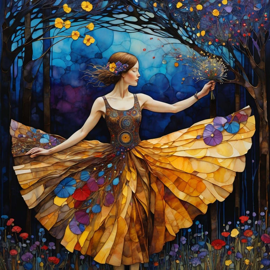 Vibrant Wildflower Tapestry in Earthy Hues and Abstract Cubi...