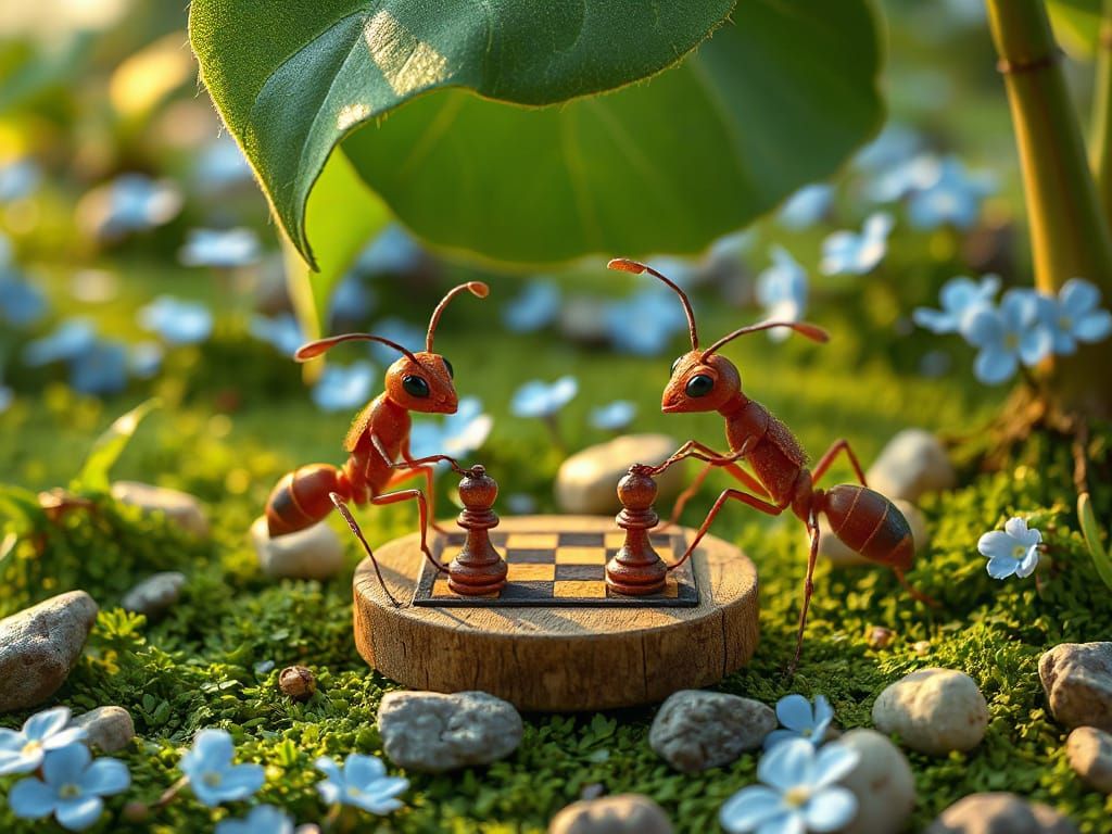 Whimsical Ants Play Chess Under Leaf in Pixar Style