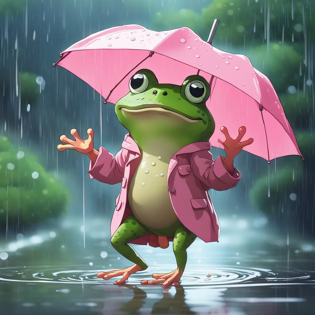 Frog Dancing in Rain, Studio Ghibli Anime Style